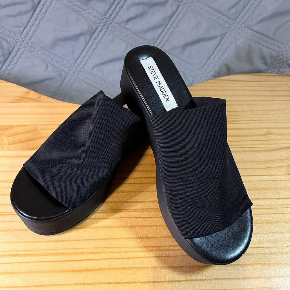 Steve Madden Black Bennet Platform Fabric Slides Sandals Women's Size 8